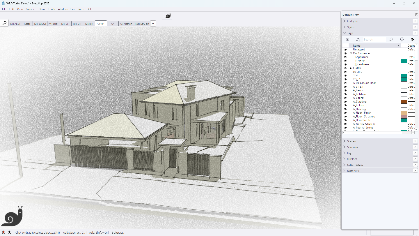 A detailed SketchUp house model with textures, shadows, ambient occlusion, and the optional Performance tag folder visible