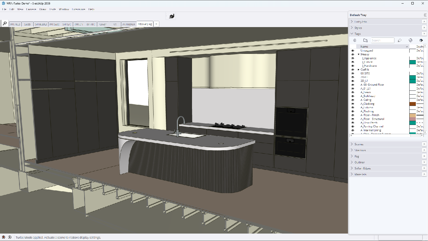 The SketchUp kitchen after its recovery scene restores saved display settings and detailed appliances
