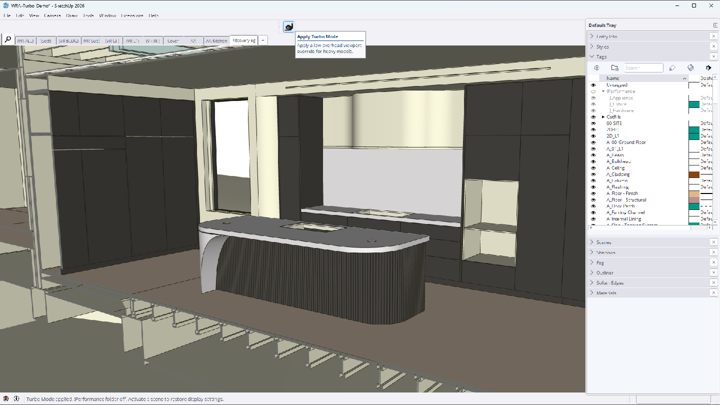 The same SketchUp kitchen after Turbo Mode removes expensive display effects and switches off the optional Performance folder